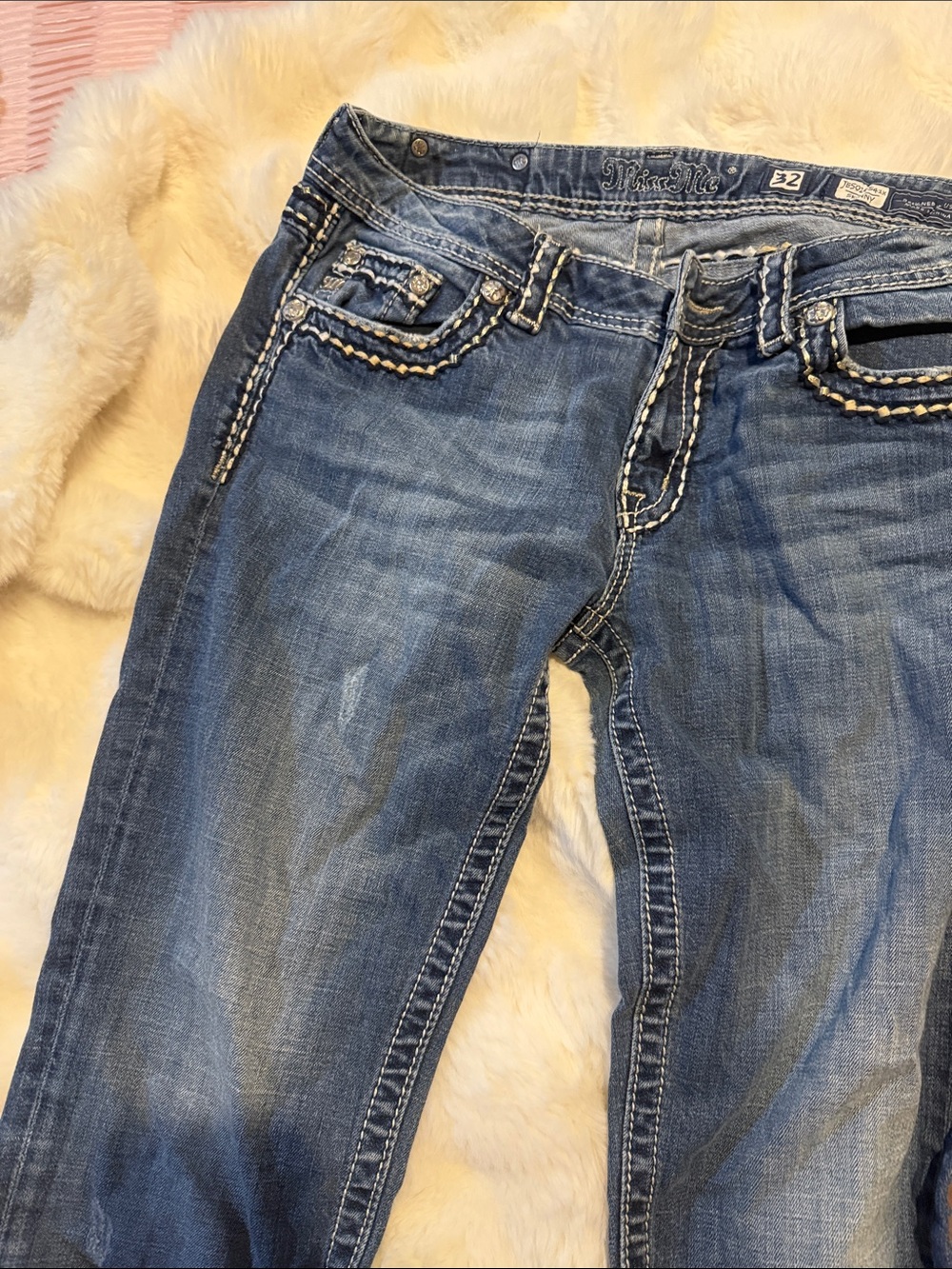 Miss Me Distressed Medium Blue Straight Leg Jeans with Contrast Stitching